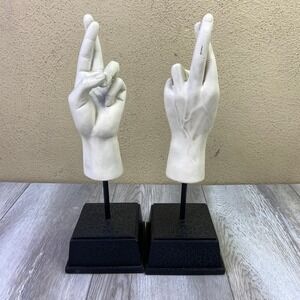 VINTAGE Sculpture Figurine of Hands with Crossed Fingers 13" White 2 Piece Set